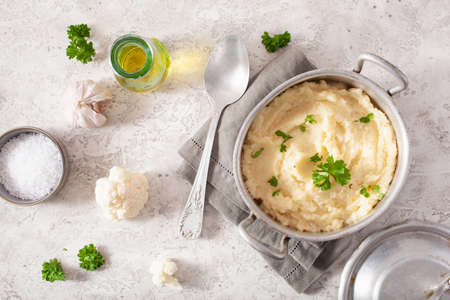 mashed cauliflower with butter. ketogenic paleo diet side dishの写真素材