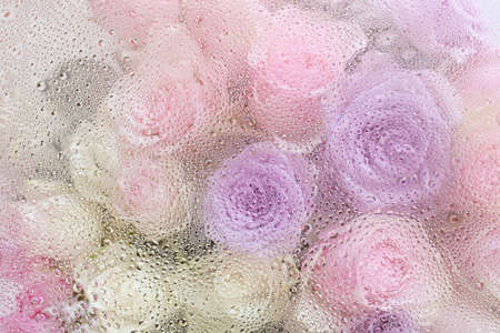 beautiful pink rose flowers through the glass with waterdrops backgroundの写真素材