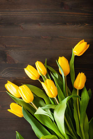 beautiful yellow tulip flowers flat lay on wooden backgroundの写真素材