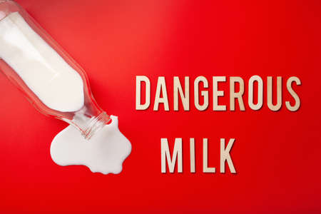 dangerous milk word text letters lactose intolerance allergy. milk splatter. avoid dangerous dairyの写真素材