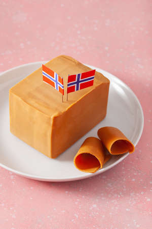 Norwegian brunost traditional brown cheeseの写真素材
