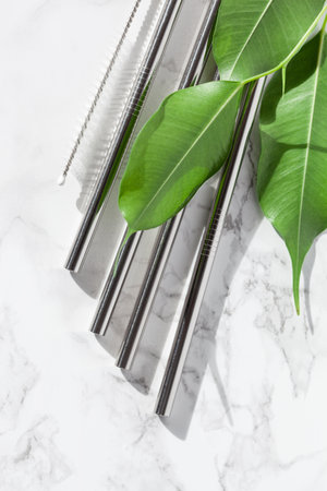 eco-friendly reusable metal drinking straw. zero waste conceptの写真素材