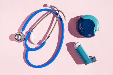 stethoscope asthma inhaler medicine. medical treatmentの写真素材