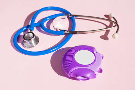 stethoscope asthma inhaler medicine. medical treatmentの写真素材