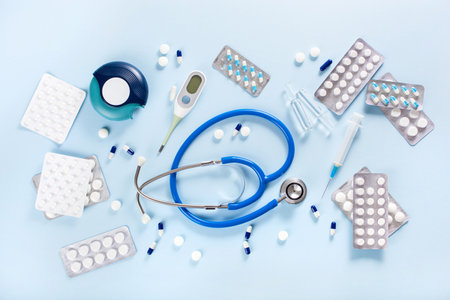 pills stethoscope syringe asthma inhaler medicine. emergency medical treatmentの写真素材