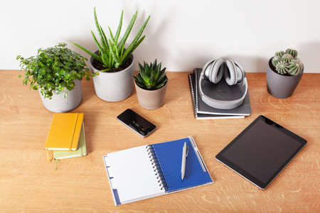 home office desk with tablet computer smartphone notebook houseplants, working space at homeの写真素材