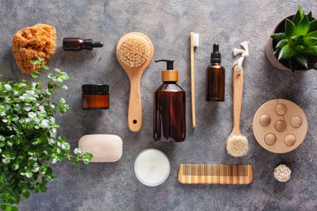 zero waste eco friendly hygiene bathroom concept. wooden toothbrush soap brush cosmeticの写真素材