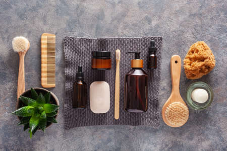 zero waste eco friendly hygiene bathroom concept. wooden toothbrush soap brush cosmeticの写真素材