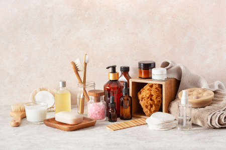 zero waste eco friendly hygiene bathroom concept. wooden toothbrush soap reusable pads brush cosmeticの写真素材