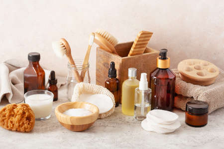 zero waste eco friendly hygiene bathroom concept. wooden toothbrush soap reusable pads brush cosmeticの写真素材
