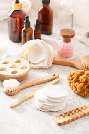 zero waste eco friendly hygiene bathroom concept. wooden toothbrush soap reusable pads brush cosmeticの写真素材