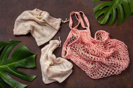 reusable mesh cotton shopping bag, plastic free zero waste conceptの写真素材