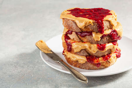 peanut butter and jam sandwich, american traditional bread toastの写真素材