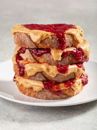 peanut butter and jam sandwich, american traditional bread toastの写真素材