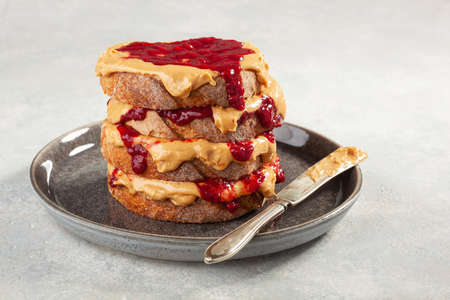 peanut butter and jam sandwich, american traditional bread toastの写真素材