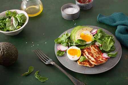 healthy keto paleo diet breakfast: boiled egg, avocado, halloumi cheese, salad leavesの写真素材