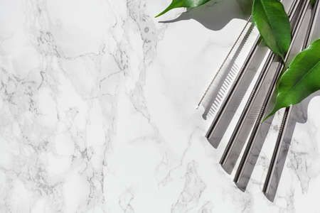 eco-friendly reusable metal drinking straw. zero waste conceptの写真素材