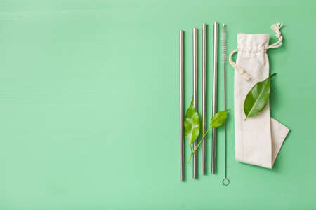 eco-friendly reusable metal drinking straw. zero waste conceptの写真素材