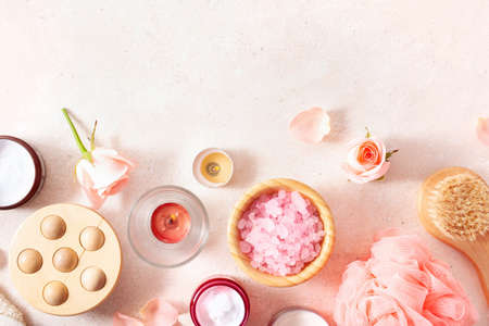 skincare products and rose flowers. natural cosmetics for home spa treatmentの写真素材