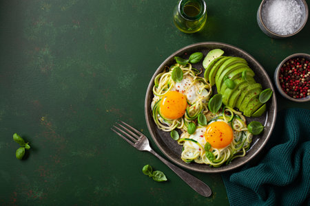 keto low carb breakfast baked spiralized zucchini with eggs and avocadoの写真素材