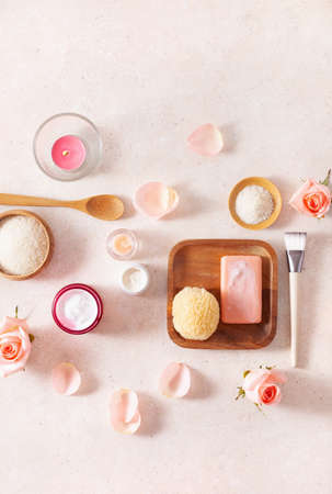 skincare products and rose flowers. natural cosmetics for home spa treatmentの写真素材