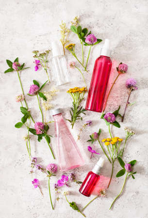 bottles skincare lotion serum medical flowers herbs. natural cosmetic. clover milfoil tansy rosebayの写真素材