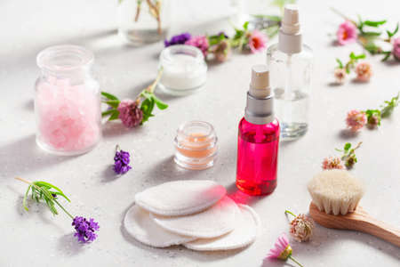 zero waste eco friendly bath and body care products and wild flowers. natural cosmetics for home spa treatmentの写真素材