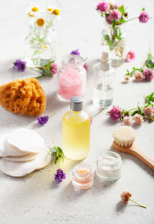 zero waste eco friendly bath and body care products and wild flowers. natural cosmetics for home spa treatmentの写真素材