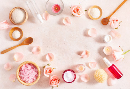 skincare products and rose flowers. natural cosmetics for home spa treatmentの写真素材