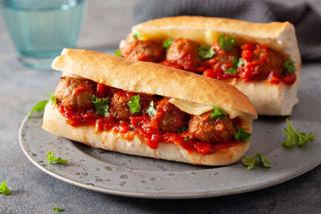 meatball sub sandwich with cheese and marinara tomato sauce. american italian fast foodの写真素材