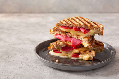 grilled salami and cheese sandwichの写真素材
