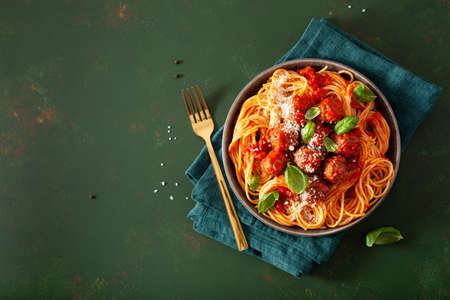 spaghetti with meatballs and tomato sauce, italian pastaの写真素材