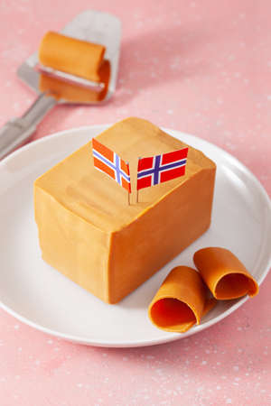 Norwegian brunost traditional brown cheeseの写真素材