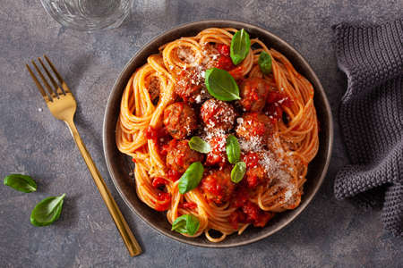 spaghetti with meatballs and tomato sauce, italian pastaの写真素材