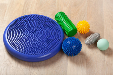 massage rubber balls, balance cushion and roller for self massage and reflexologyの写真素材