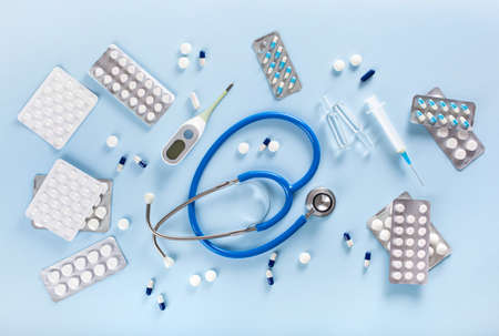pills stethoscope syringe capsule medicine. medical treatment for disease flu virusの写真素材