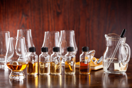 tasting bottles and glasses of whisky spirit brandy cognac. tasting at homeの写真素材