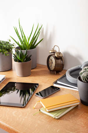 home office desk with tablet computer smartphone notebook houseplants, working space at homeの写真素材