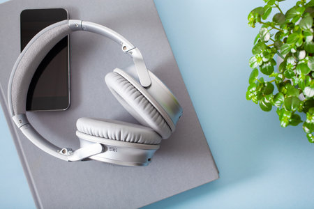 audiobook concept modern wireless headphones smartphone bookの写真素材