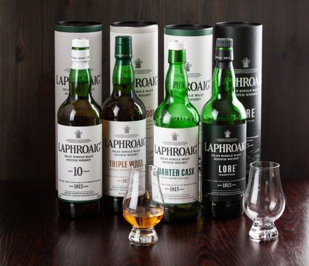 Trondheim, Norway - Mai 18 2020: Laphroaig single malt scotch whisky 10 years, quarter cask, lore, triple wood bottleのeditorial素材