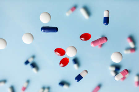 flying pill tablet capsule levitation medicine. medical treatment for disease flu virusの写真素材