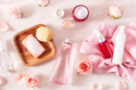 skincare products and rose flowers. natural cosmetics for home spa treatmentの写真素材