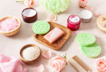 skincare body products and rose flowers. natural cosmetics for home spa treatmentの写真素材