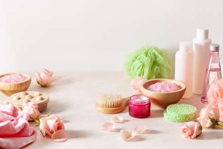 skincare body products and rose flowers. natural cosmetics for home spa treatmentの写真素材