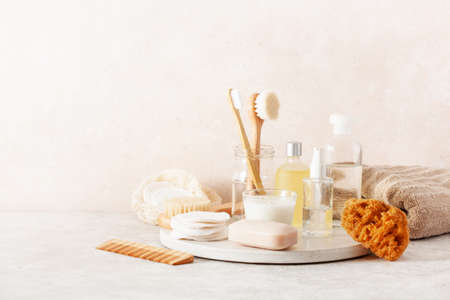 zero waste eco friendly hygiene bathroom concept. wooden toothbrush soap brush cosmeticの写真素材