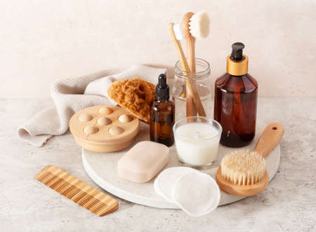 zero waste eco friendly hygiene bathroom concept. wooden toothbrush soap brush cosmeticの写真素材