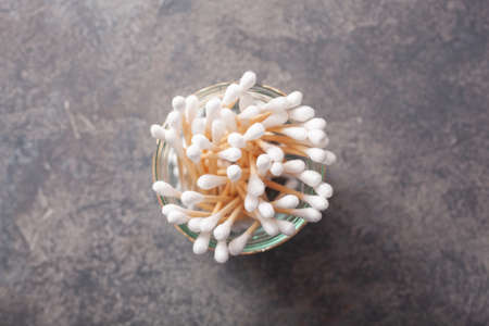 zero waste eco friendly biodegradable hygiene bathroom concept. Cotton wooden budsの写真素材