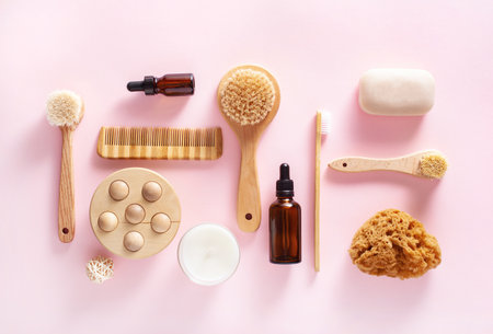 zero waste eco friendly hygiene bathroom concept. wooden toothbrush soap brush cosmetic
