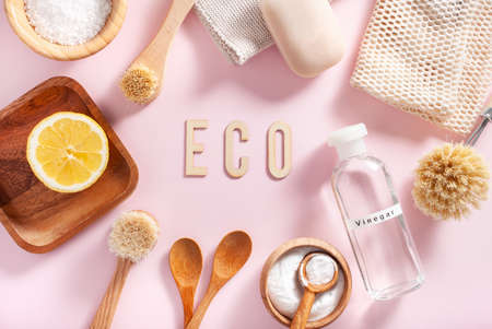 zero waste eco friendly cleaning concept. wooden brushes, lemon, baking soda, vinegarの写真素材