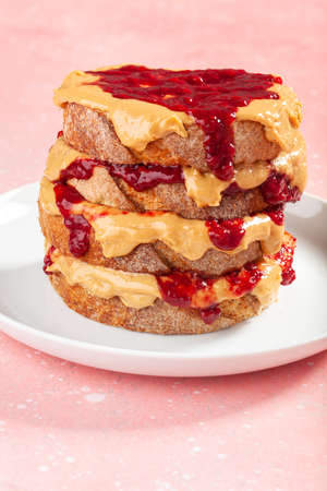 peanut butter and jam sandwich, american traditional bread toastの写真素材